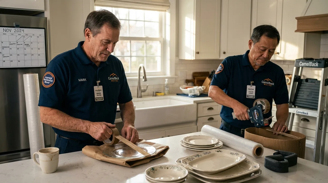 Professional crew packing kitchen dishware in Fair Haven, VT